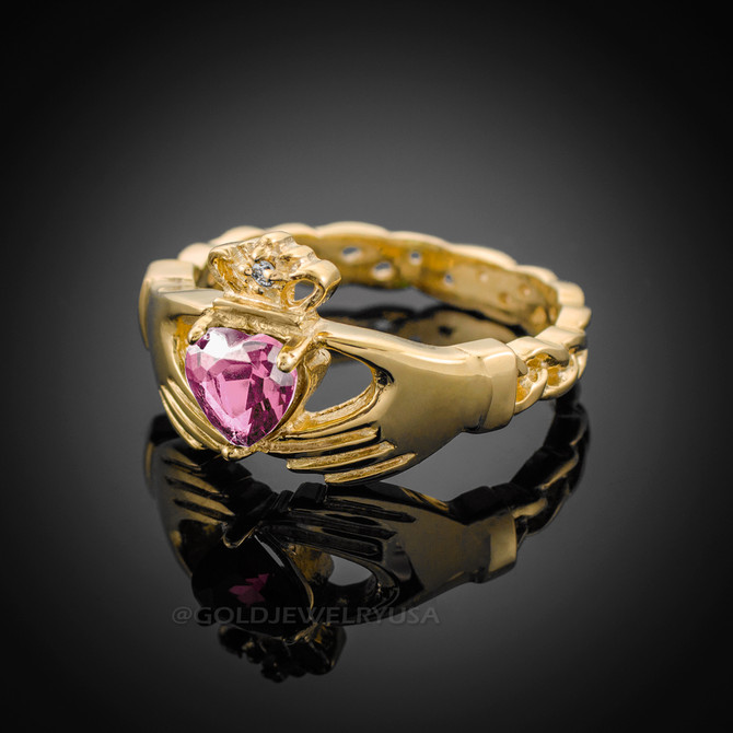 Gold Celtic Band Pink Zirconia Claddagh Ring