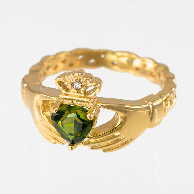 Gold Celtic Band Peridot CZ Claddagh Ring