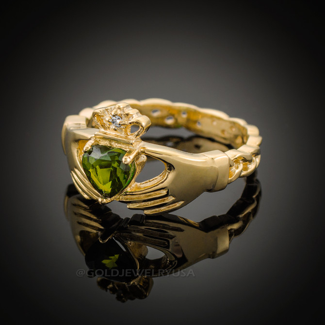 Gold Celtic Band Peridot CZ Claddagh Ring