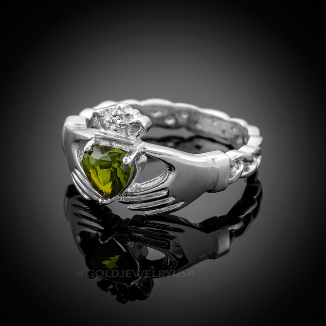 White Gold Celtic Band Peridot CZ Claddagh Ring