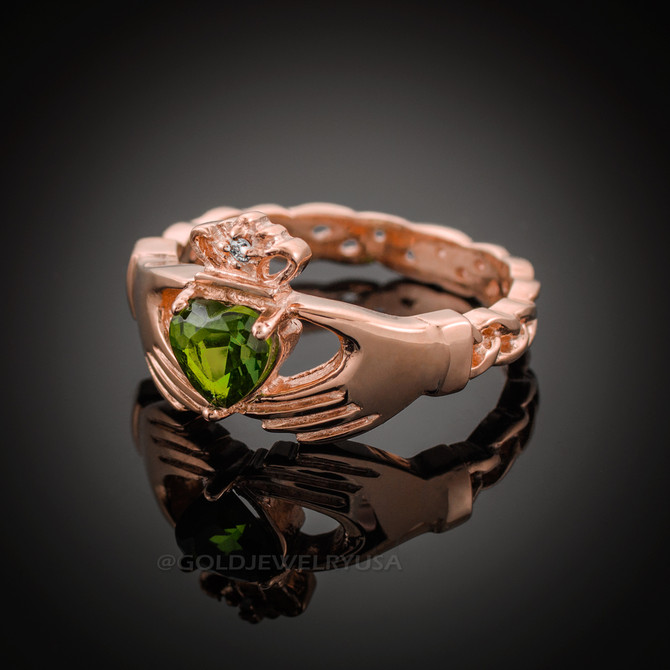 Rose Gold Celtic Band Peridot CZ Claddagh Ring