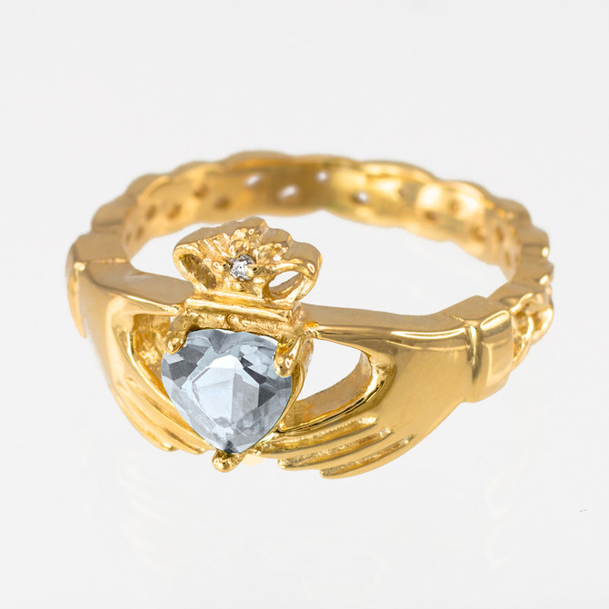 Gold Celtic Band Diamond clear CZ Claddagh Ring
