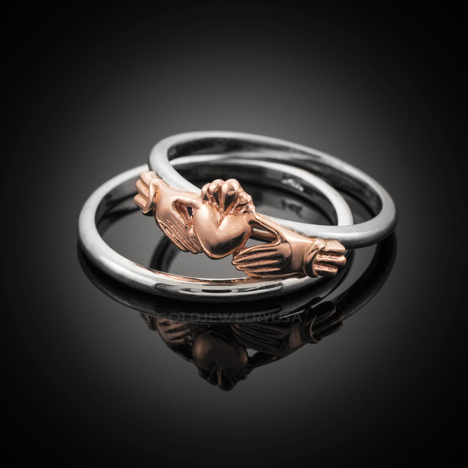 Two-Tone Rose Gold Claddagh Engagemet Ring Set