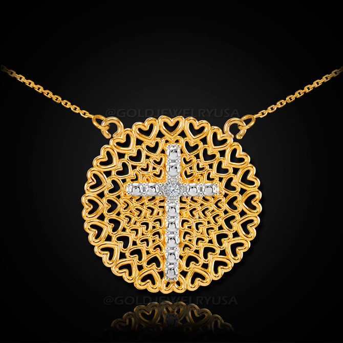 Two-Tone Gold Filigree Heart Cross Diamond Necklace