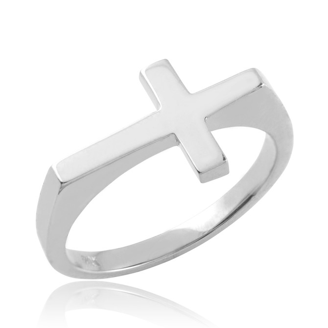 Solid White Gold Flat Top Sideways Cross Ring
