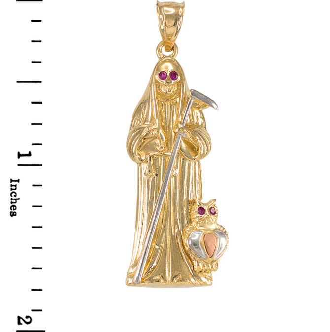 Gold Santa Muerte Red CZ Pendant