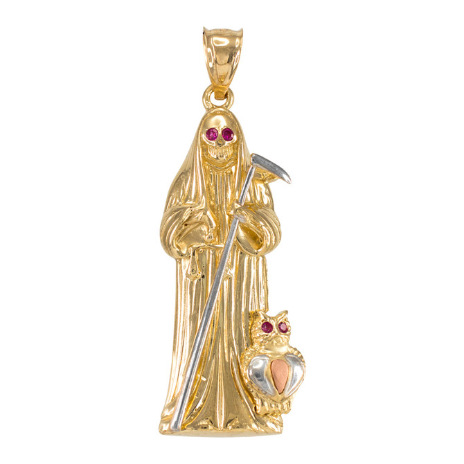 Gold Santa Muerte Red CZ Pendant Necklace