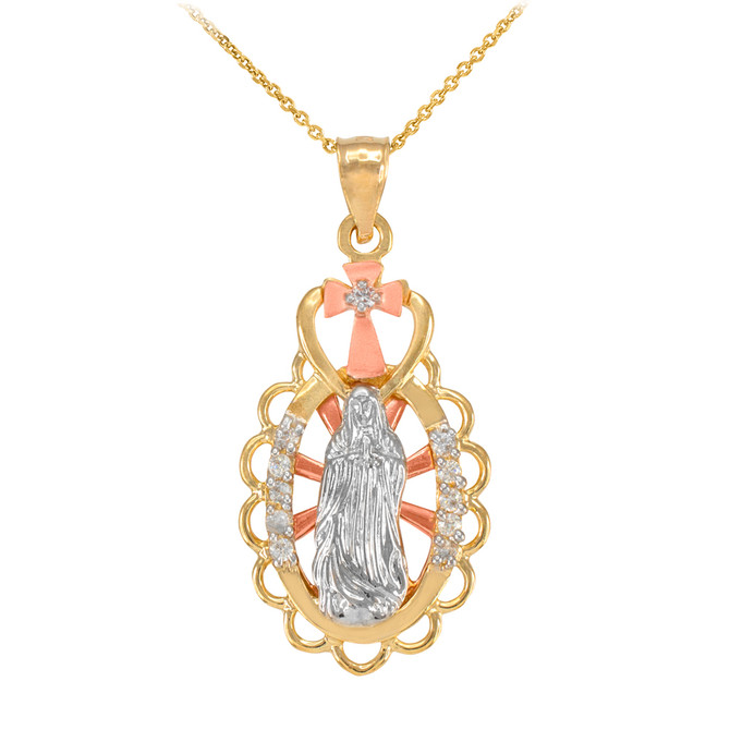 Multi-tone Gold Virgin Mary Guadalupe CZ Pendant Necklace