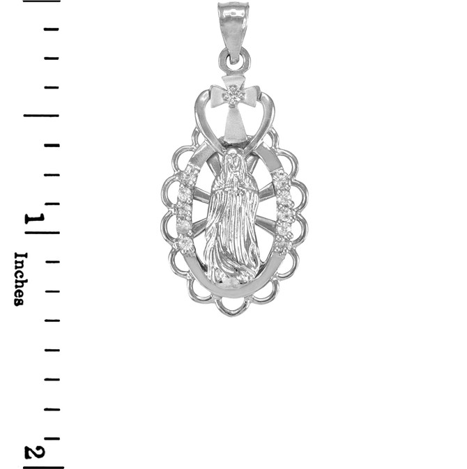 White Gold Virgin Mary Guadalupe CZ Pendant Necklace