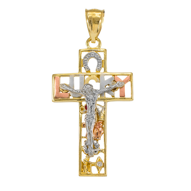 Multi-Tone Gold Universal Lucky Crucifix Cross CZ Pendant