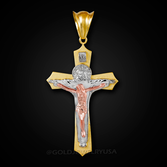 Tri-Tone Gold Holy Trinity Crucifix CZ Cross Pendant