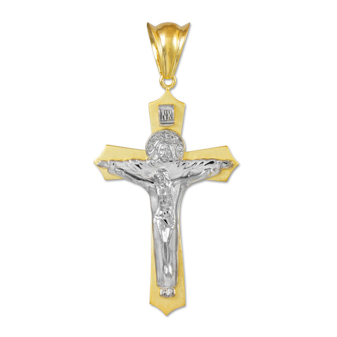 Two-Tone Gold Holy Trinity CZ Crucifix Cross Pendant