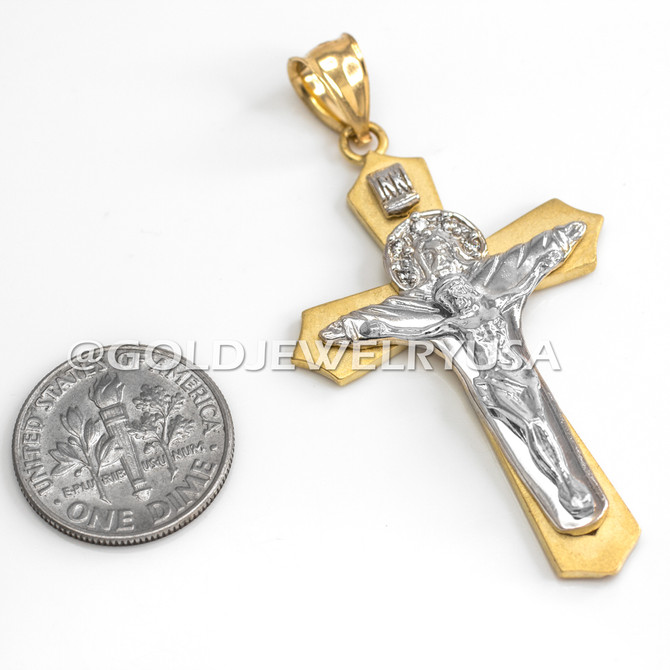 Two-Tone Gold Holy Trinity CZ Crucifix Cross Pendant
