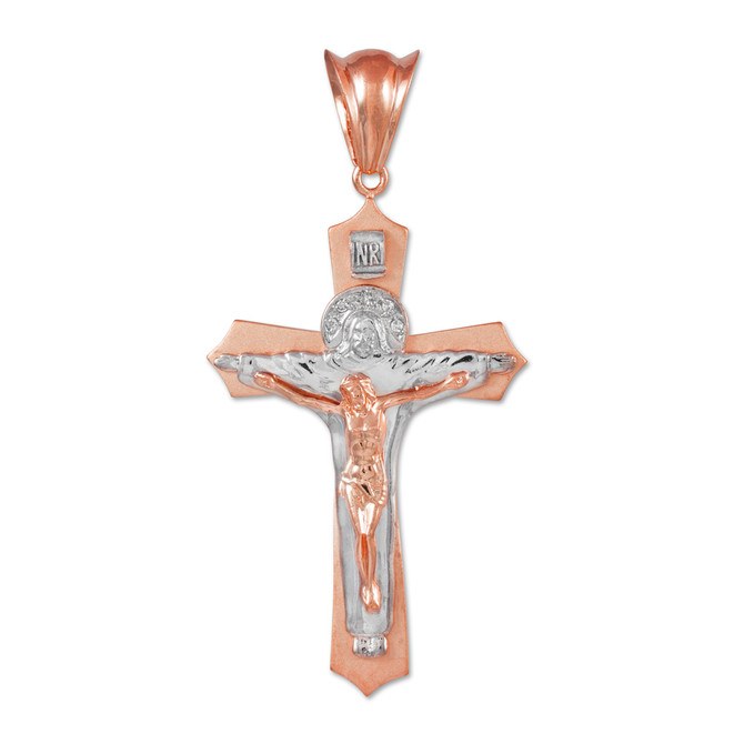 Two-Tone Rose Gold Holy Trinity Crucifix Cross CZ Pendant