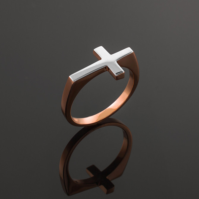 Two-Tone Solid Rose Flat Top Sideways Cross Ring