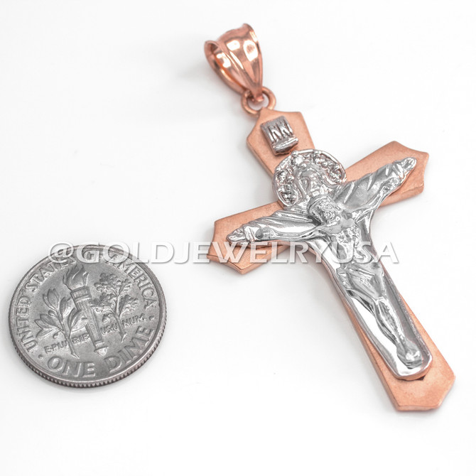 Rose Gold Two-Tone Holy Trinity Crucifix Cross CZ Pendant