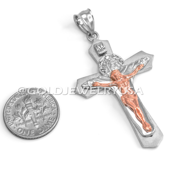 Two-Tone White Gold Holy Trinity Crucifix Cross CZ Pendant