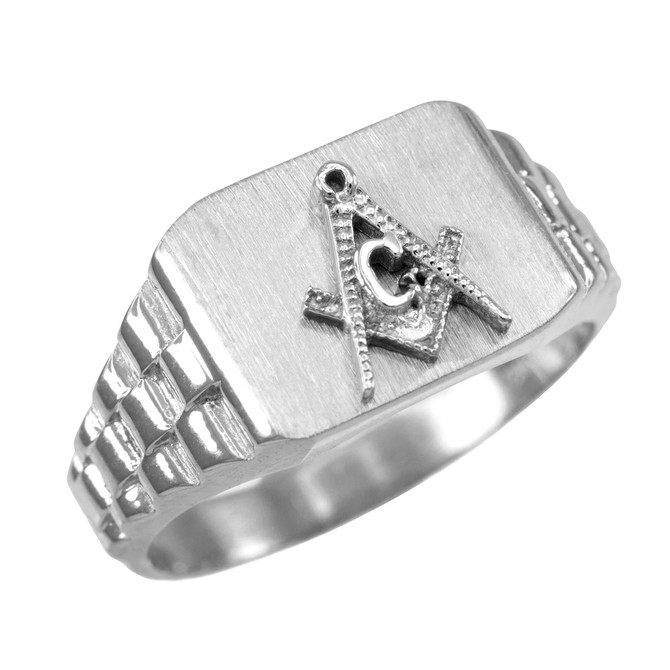 Mens White Gold Masonic Rolex Ring