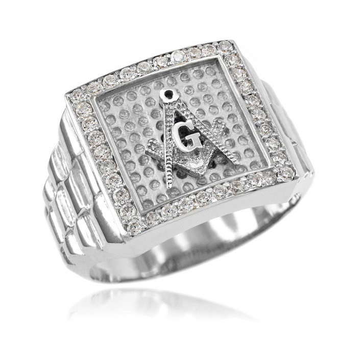White Gold Masonic Square CZ Mens Watchband Ring