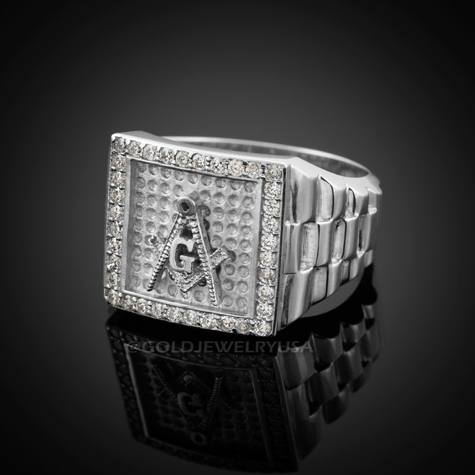 White Gold Masonic Square CZ Mens Watchband Ring