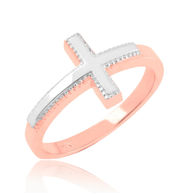 Two-Tone Solid Rose Gold Sideways Cross Ring