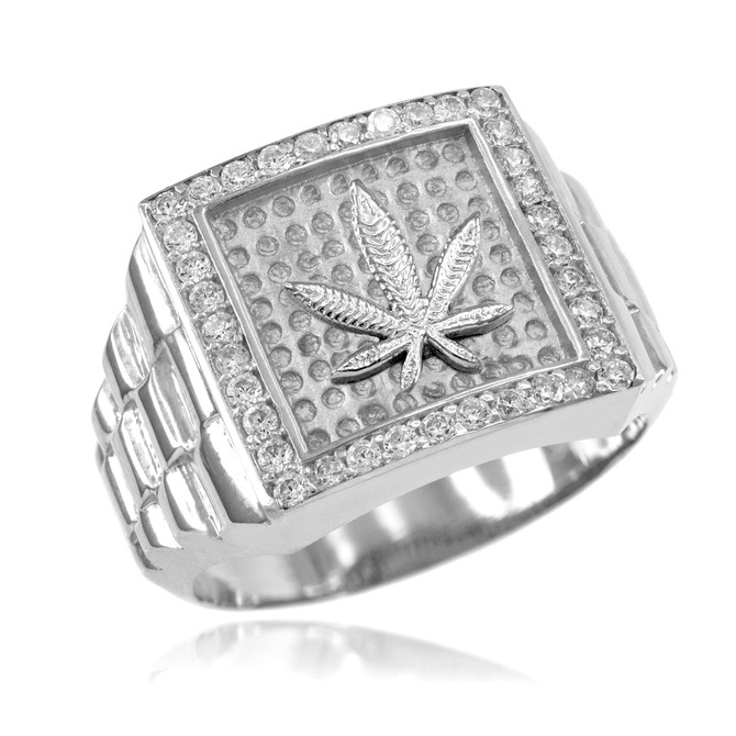 White Gold Marijuana Weed Square CZ Mens Ring