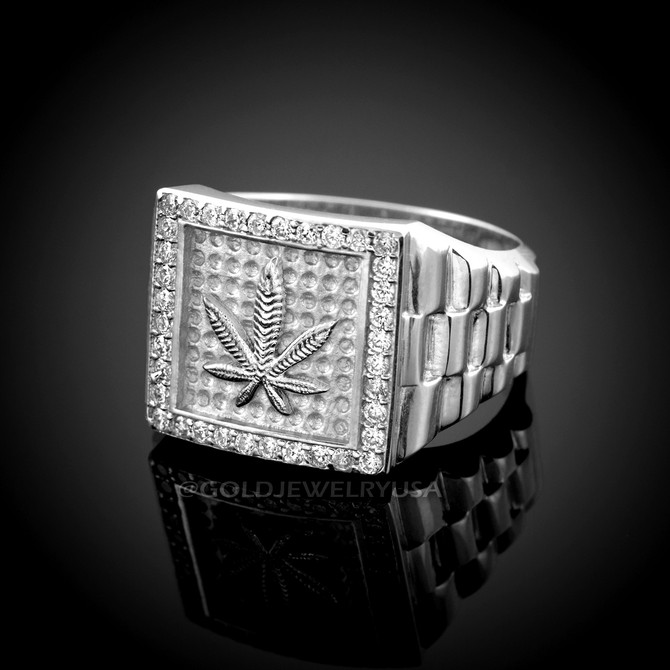 White Gold Marijuana CZ Ring.