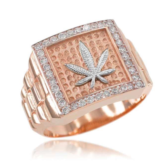 Rose Gold Marijuana Weed Square CZ Mens Ring