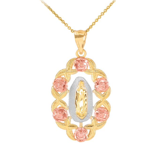 Tri Color Gold Lady Guadalupe Pendant Necklace
