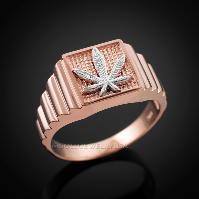 Rose Gold Marijuana Weed Leafs Square Mens Ring