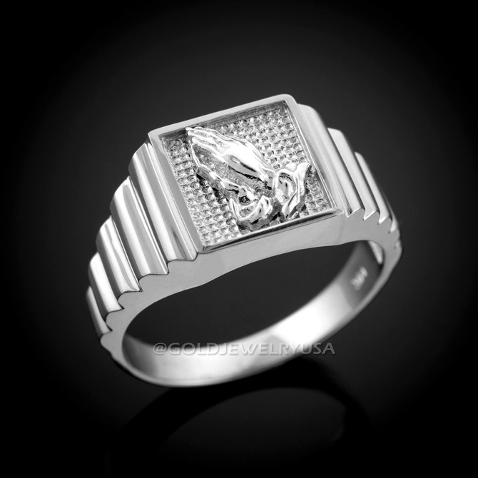 White Gold Praying Hands Square Mens Ring