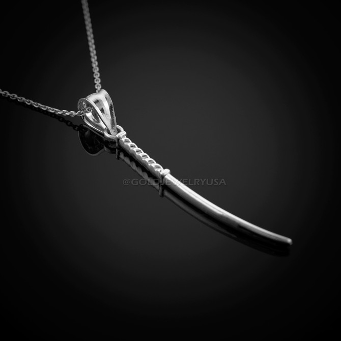 White Gold Japanese Katana Short Sword Pendant Necklace