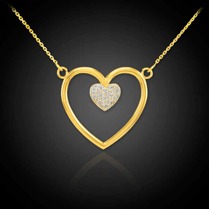 14K Polished Gold Open Heart Diamond Pave Heart Enclosure Necklace