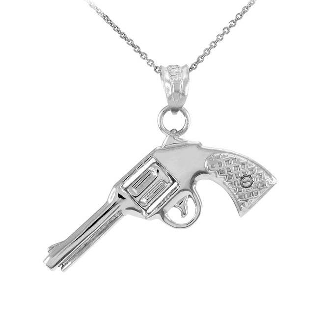 White Gold Long Barrel Revolver Pistol Gun Pendant Necklace