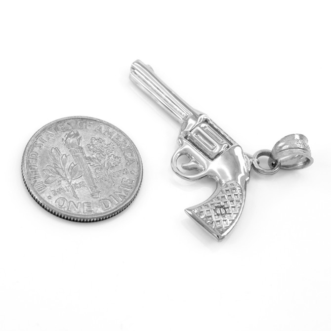 White Gold Long Barrel Revolver Pistol Gun Pendant Necklace