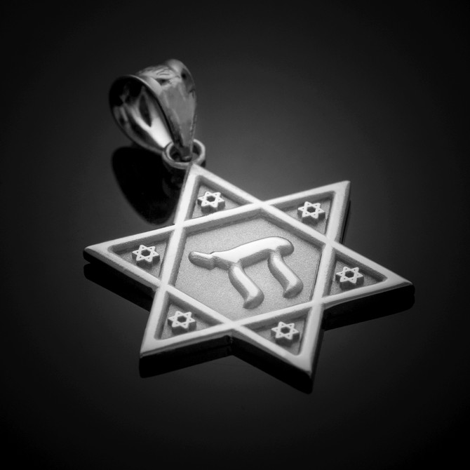 White Gold Star of David Chai Pendant
