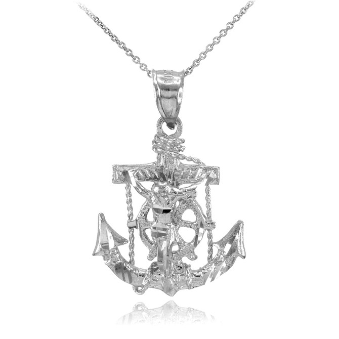 White Gold Mariner Crucifix Anchor Cross Pendant Necklace