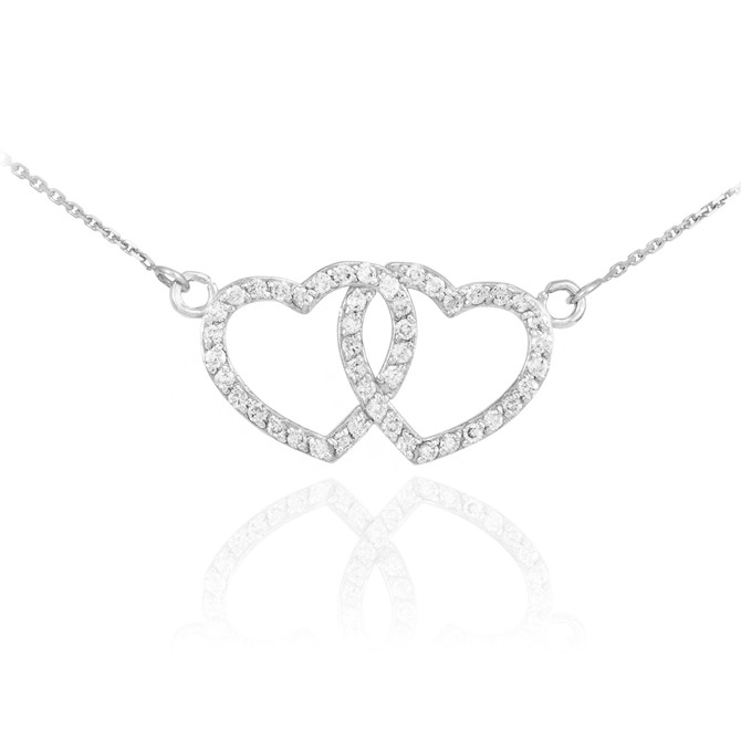 14K White Gold Diamond Studded Double Heart Necklace