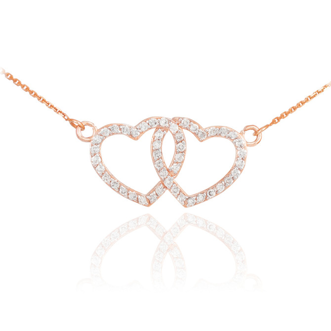 14K Rose Gold Diamond Studded Double Heart Necklace