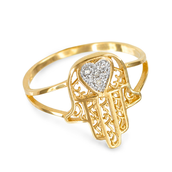 Gold Hamsa Diamond Pave Filigree Ladies Ring