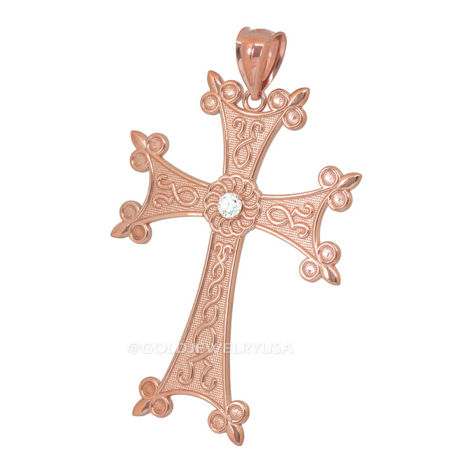Mens Rose Gold Armenian Apostolic Cross Diamond Solitaire Pendant