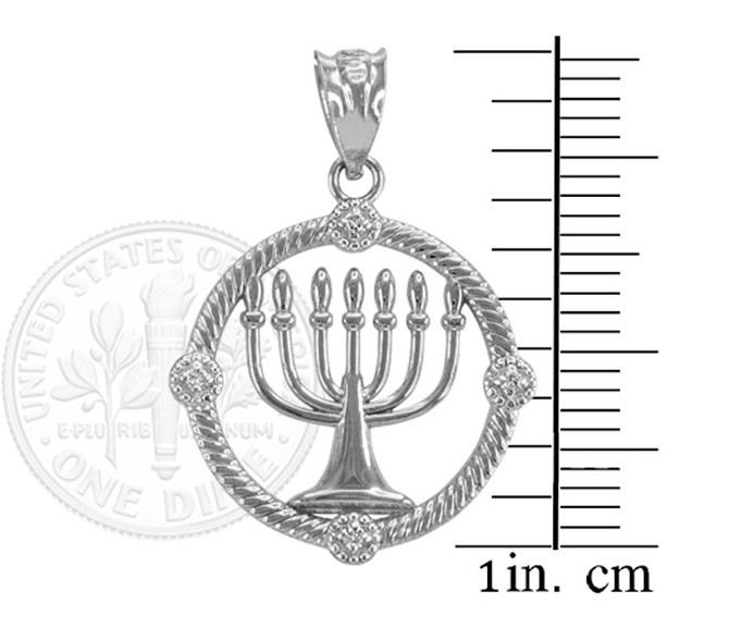 White Gold Shabbat Menorah Diamond Pendant Necklace