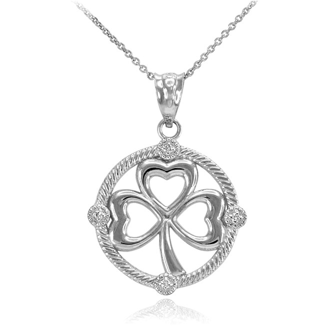 White Gold Shamrock Clover Irish Diamond Pendant Necklace