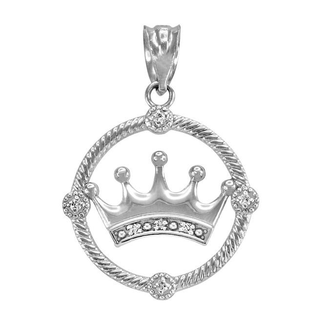 White Gold Quinceanera Crown Diamond Pendant Necklace