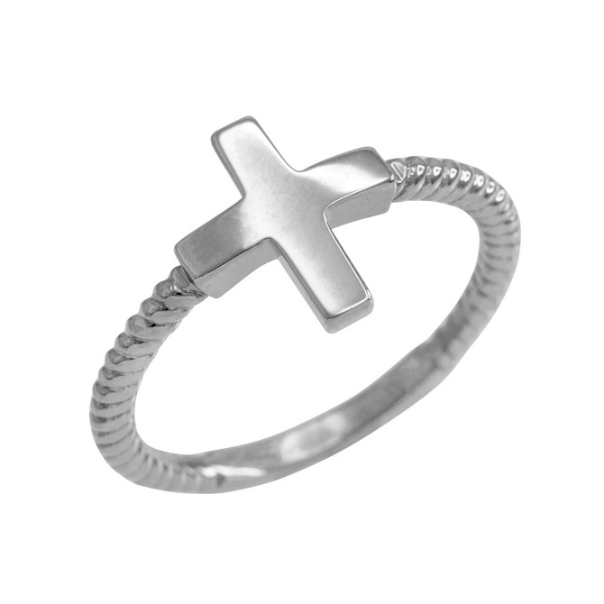 Polished White Gold Greek Cross Ladies Ring