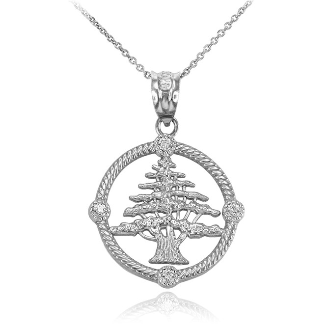White Gold Cedar Tree of Lebanon Diamond Pendant Necklace