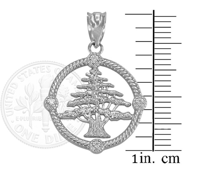 White Gold Cedar Tree of Lebanon Diamond Pendant Necklace