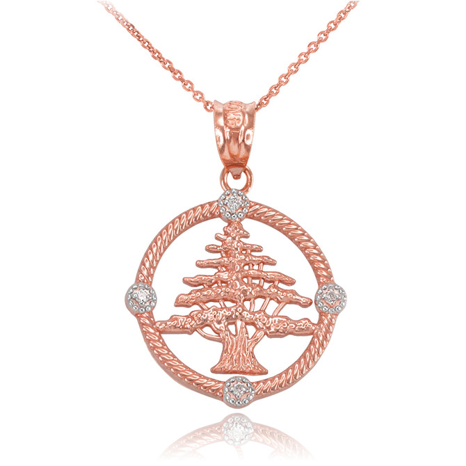 Rose Gold Cedar Tree of Lebanon Diamond Pendant Necklace