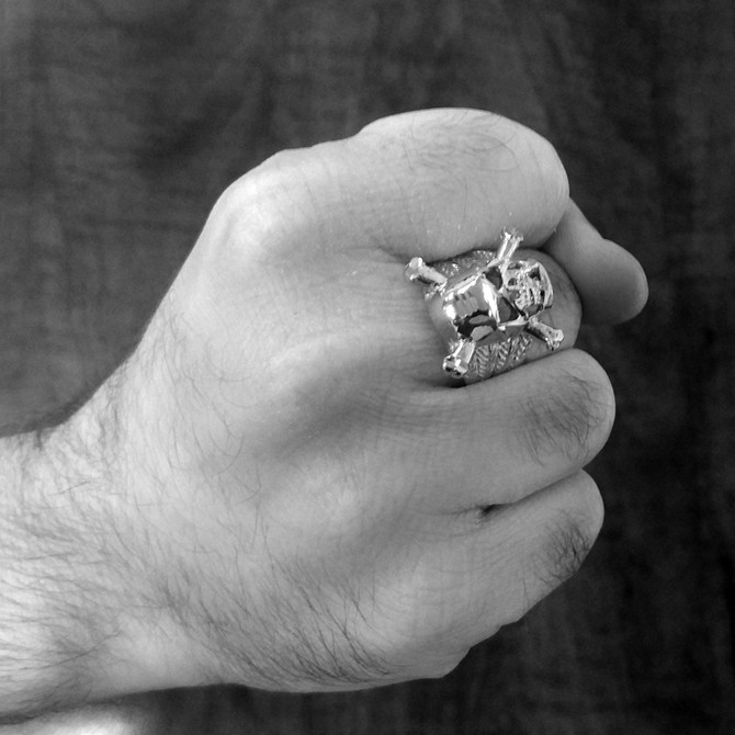 White Gold Skull and Bones Mens Biker Ring