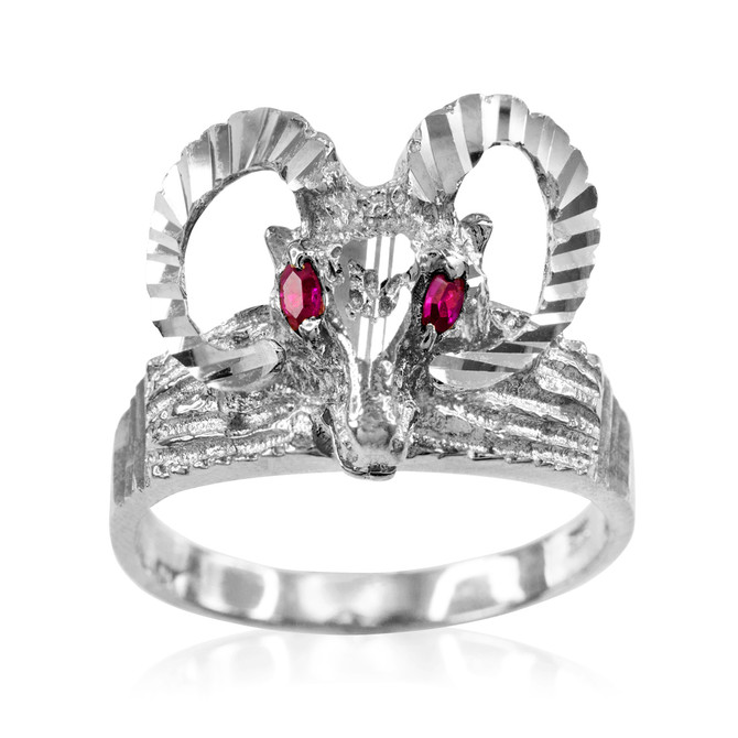 Textured White Gold Rams Head Red CZ Ring